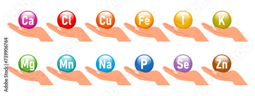 Mineral nutrition icons set. The concept of healthcare and medicine. Healthy food infographic. Iron, calcium, magnesium, zinc, potassium, iodine, phosphorus, copper, sodium, manganese