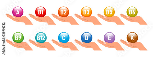 Vitamin nutrition icon set. The concept of healthcare and medicine. Healthy food infographic. Vitamins a, B, b1, b2, b3, b5, b6, b9, b12, c, d, e, k