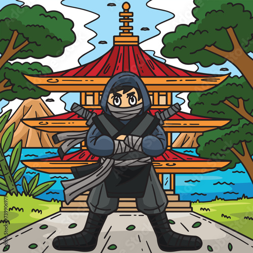 Ninja in front of Pagoda Colored Cartoon 