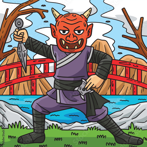 Ninja Wearing Oni Mask Colored Cartoon 