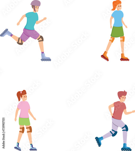 Roller skating icons set cartoon vector. Guy and girl roller skating. Sport, outdoor activity