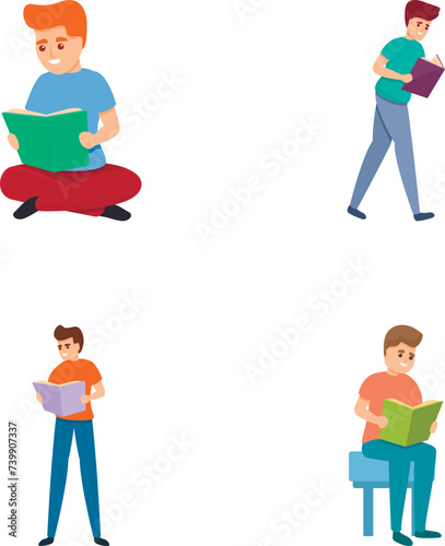Bookcrossing icons set cartoon vector. Male character reading paper book. Education, literature and knowledge
