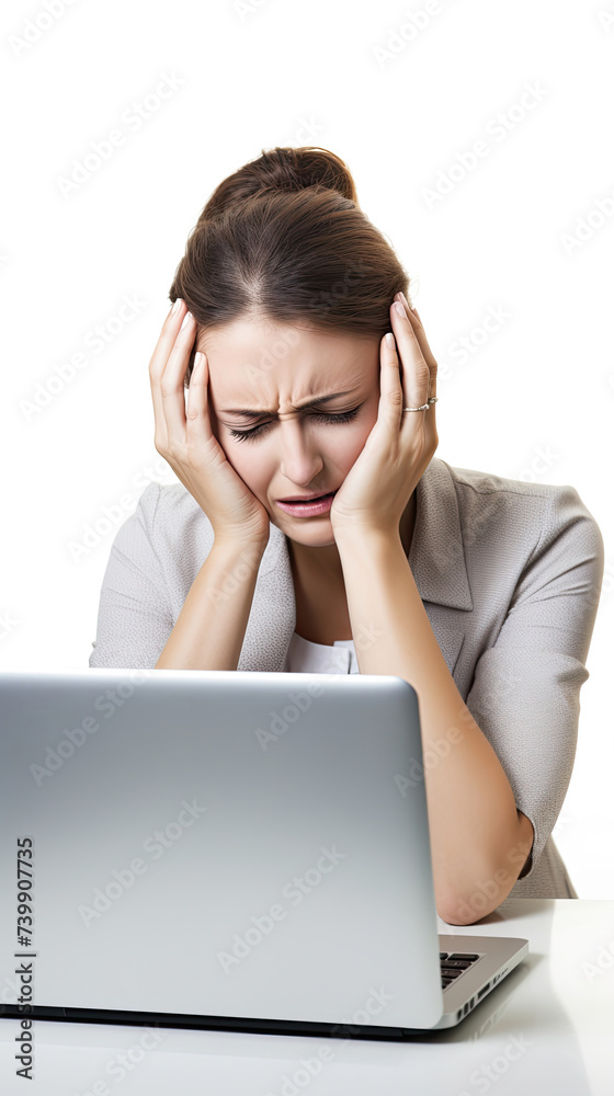 Executive female worker businesswoman holding head with both hands because of headache, tired, and stress in front of laptop computer on white background Executive female worker businesswoman holding head with both hands because of headache, tired, and stress in front of laptop computer on white background