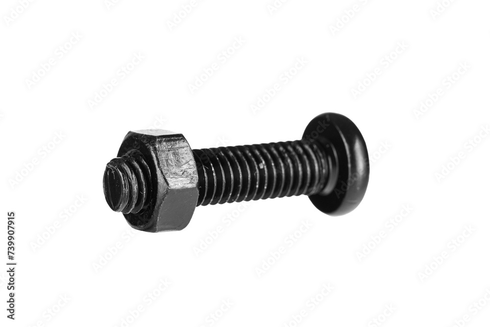 hex socket head screw with nut in black color on isolated white background close up