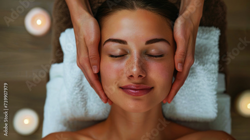 woman getting face massage on a massage table. Spa and wellness concept