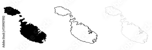 Malta country silhouette. Set of 3 high detailed maps. Solid black silhouette, thick black outline and thin black outline. Vector illustration isolated on white background.