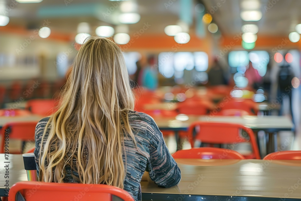 Solitude: Young female student at lunch table in school cafeteria. Concept Solitude, Student Life, Lunchtime, School Cafeteria, Young Female Solitude: Young female student at lunch table in school cafeteria. Concept Solitude, Student Life, Lunchtime, School Cafeteria, Young Female
