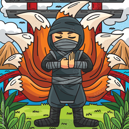 Ninja with Nine Tails Colored Cartoon Illustration