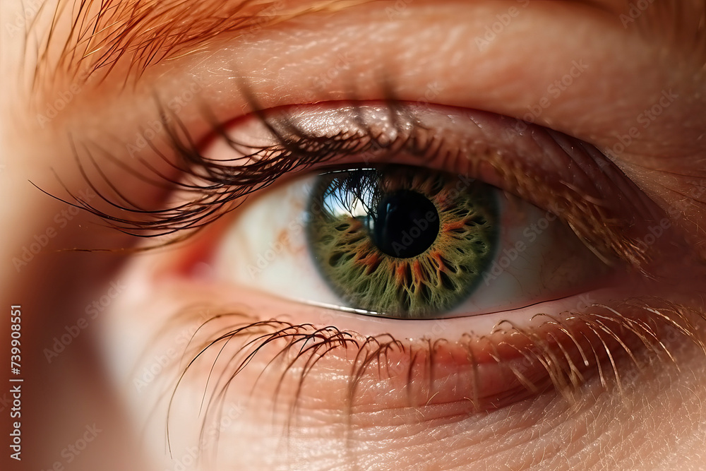Beautiful green eyes of a red-haired girl. Macro photography of eyes with green pupil. Close-up drawing of a pupil Beautiful green eyes of a red-haired girl. Macro photography of eyes with green pupil. Close-up drawing of a pupil