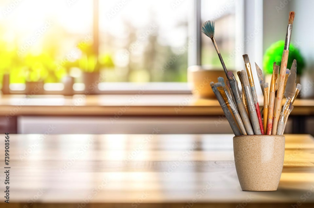 Obraz premium paint brush set on the desk in class room