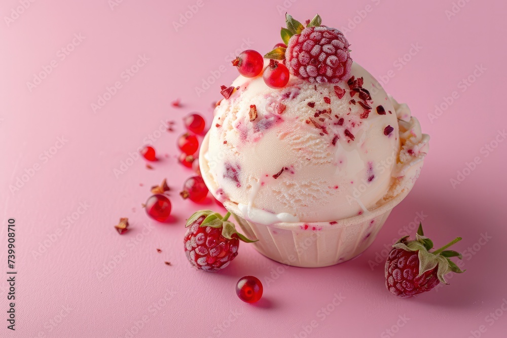 Vanilla ice cream balls with summer berries on pink background, top view. Summer background. Delicious sweet food, summer cold dessert. Raspberries, strawberries, blackberries, blueberries Vanilla ice cream balls with summer berries on pink background, top view. Summer background. Delicious sweet food, summer cold dessert. Raspberries, strawberries, blackberries, blueberries
