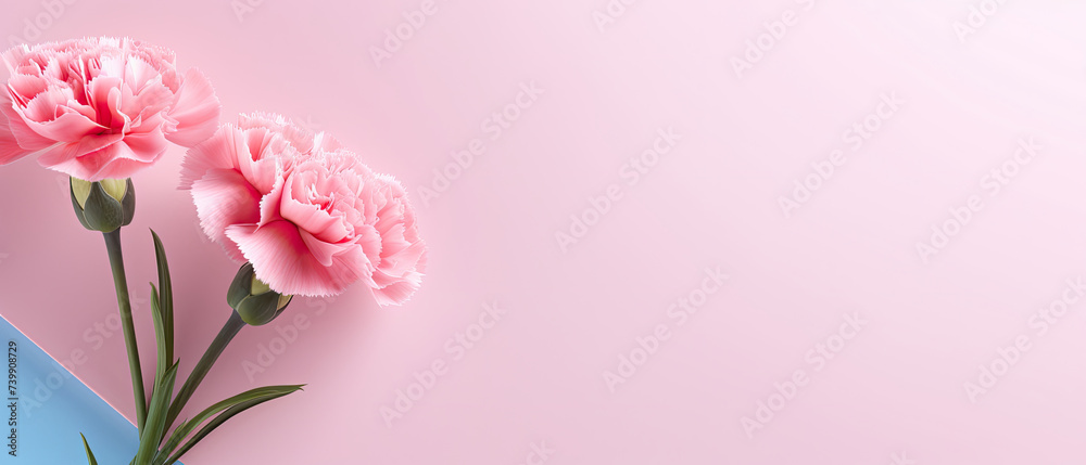 Minimalist blooming Pink Carnation flower with leaf on soft pink pastel colors background with space for text created with Generative AI Technology