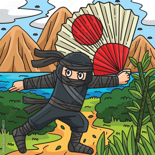 Ninja with Large Fan Colored Cartoon Illustration
