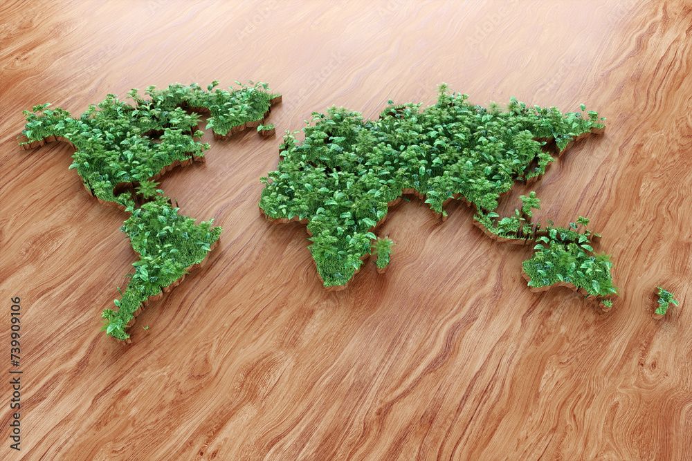 Ecological world map consisting of green grass and tropical leaves on wooden background. Concept of recycling garbage, air purification. modern design, magazine style. Copy space, 3D render. Ecological world map consisting of green grass and tropical leaves on wooden background. Concept of recycling garbage, air purification. modern design, magazine style. Copy space, 3D render.