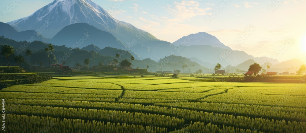 beautiful views of rice fields and mountains in Asia, beautiful colors and natural light from the sky beautiful views of rice fields and mountains in Asia, beautiful colors and natural light from the sky