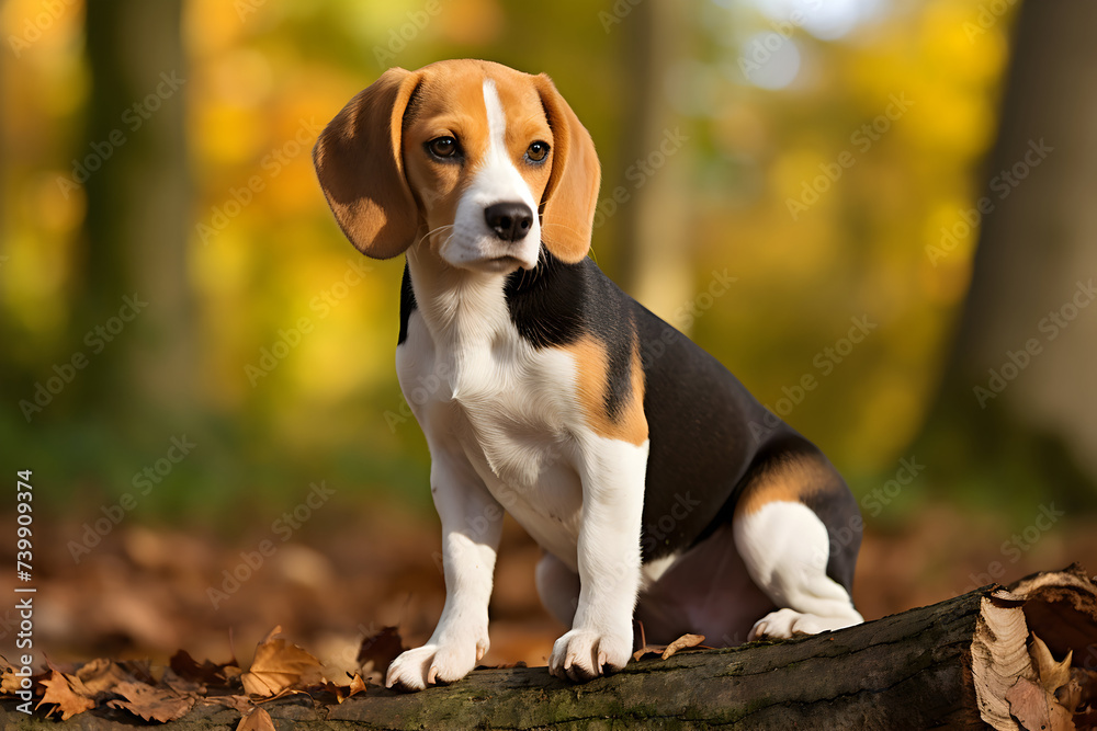 Portrait of a cute beagle dog sitting on a log in the autumn forest
