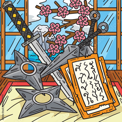 Ninja Tools Colored Cartoon Illustration
