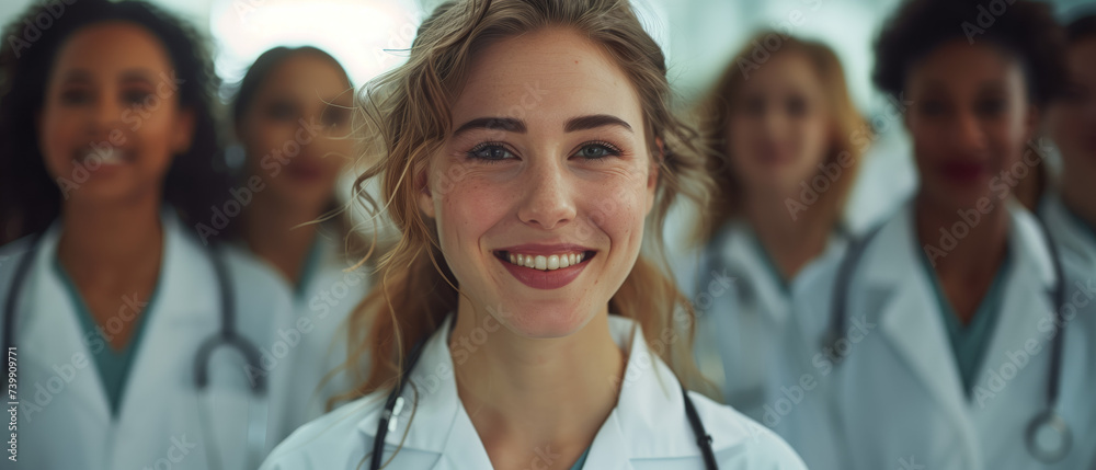 Female doctor smiling and standing in a corridor, with colleagues in the background. Female doctor smiling and standing in a corridor, with colleagues in the background.