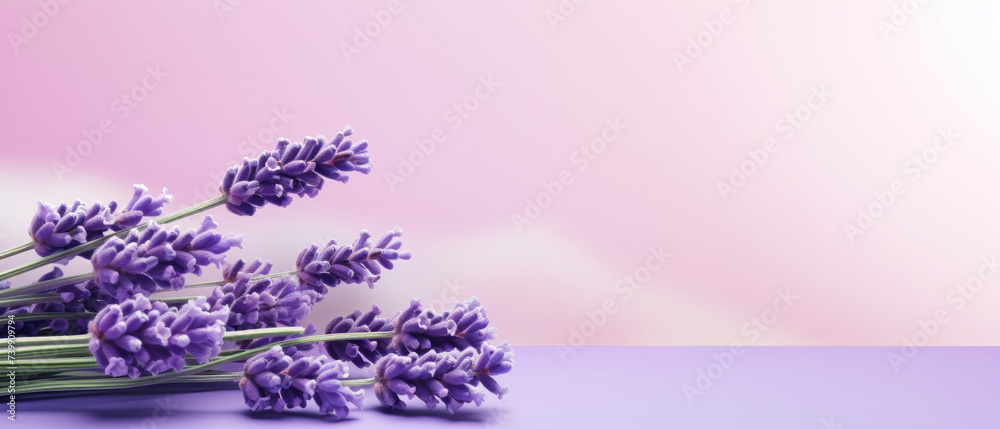 Minimalist blooming Lavender flower with leaf on soft purple pastel colors background with space for text Minimalist blooming Lavender flower with leaf on soft purple pastel colors background with space for text