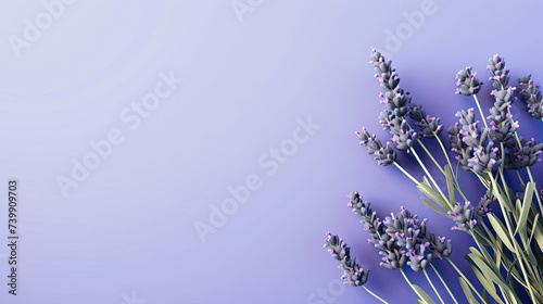 Minimalist blooming Lavender flower with leaf on soft purple pastel colors background with space for text created with Generative AI Technology