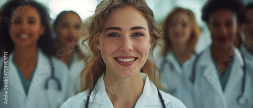 Female doctor smiling and standing in a corridor, with colleagues in the background.