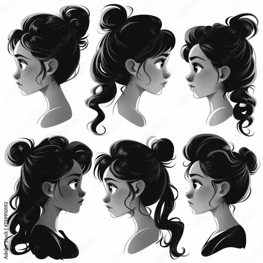 Set of girls icons, different clothes, hairstyles, icons, faces, multicultural, front and back views