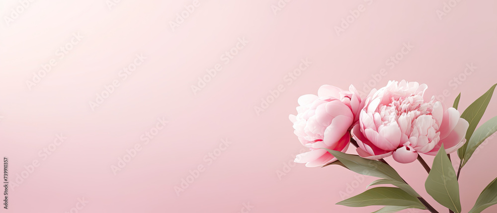 Minimalist single blooming Pink Peony flower with leaf on soft pink pastel colors background with space for text created with Generative AI Technology 