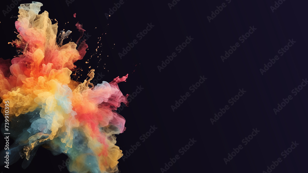 Colorful paint splashes on black background. Space for text.
