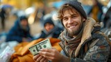 Kind man money donation to homeless man