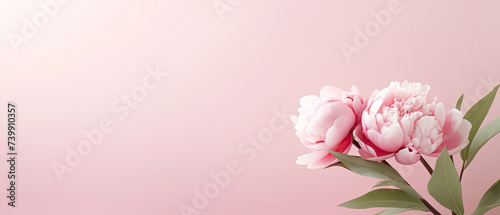 Minimalist single blooming Pink Peony flower with leaf on soft pink pastel colors background with space for text created with Generative AI Technology  © AstraNova