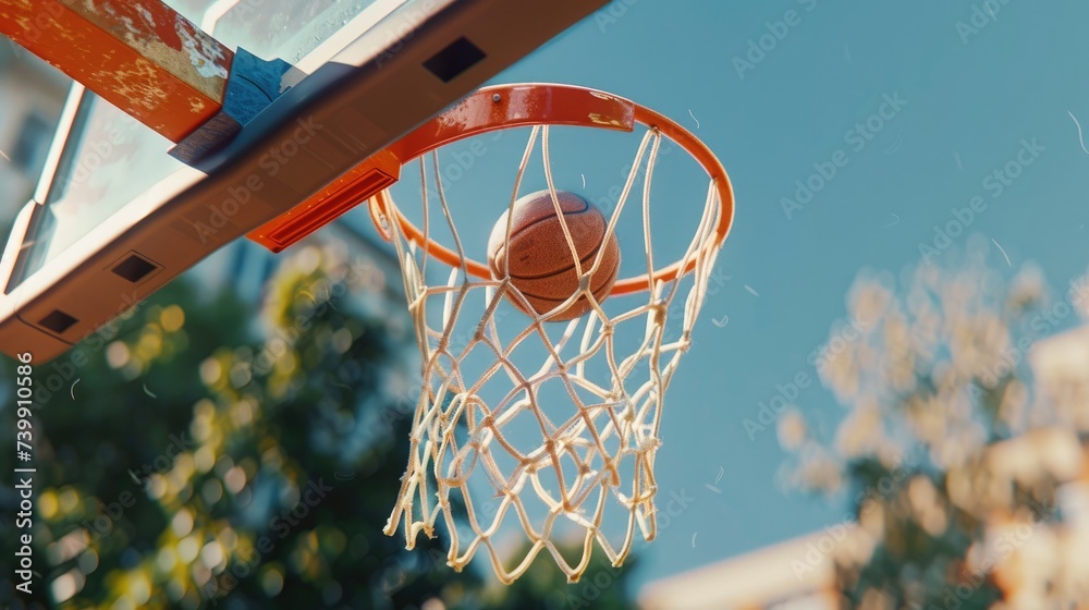 Detail the satisfying swish sound as the basketball cleanly passes through the hoop.
