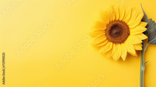 Minimalist single blooming Sunflower flower with leaf on soft yellow pastel colors background with space for text created with Generative AI Technology