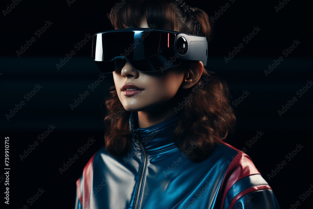 Futuristic virtual reality headset technology concept with woman wearing vr goggles Futuristic virtual reality headset technology concept with woman wearing vr goggles