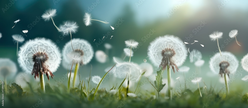 spring in nature with dandelion flowers flying blur background