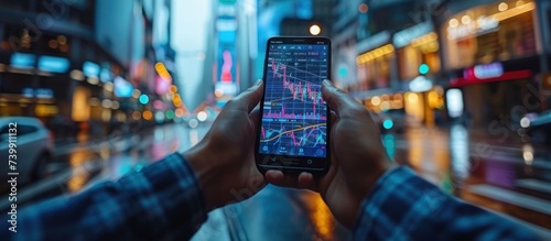 Crypto trader investor broker holding finger using cell phone