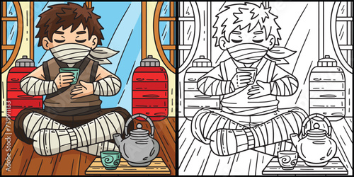 Ninja Drinking Tea Coloring Page Illustration