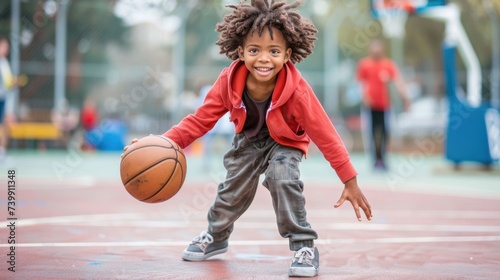 Describe the child's enthusiastic dribbling skills as they maneuver across the basketball court.