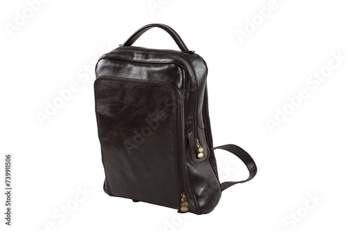 Black leather backpack isolated on white background