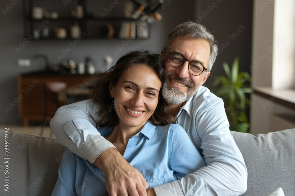 Happy mature husband and wife sit rest on couch at home hugging and cuddling, show care affection, smiling senior loving couple relax on sofa have fun, enjoy tender romantic family weekend together