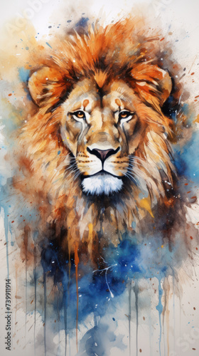 Colorful image of a lion with smudges of paint on a white background.