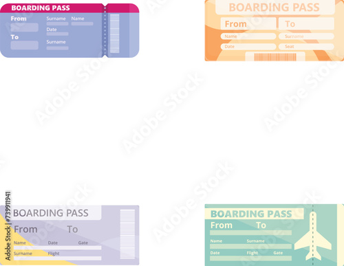 Airline ticket icons set cartoon vector. Boarding pass for traveling by plane. Fly, travel concept