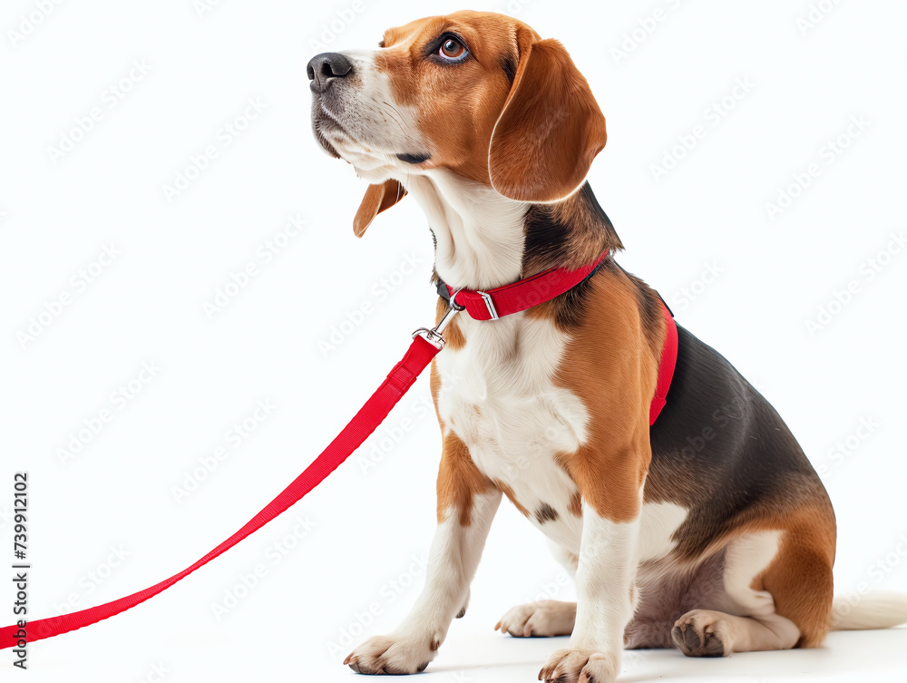 A beagle pup looking above, with its floppy ears and brown eyes gleaming in bright white studio portrait isolated. Generative AI