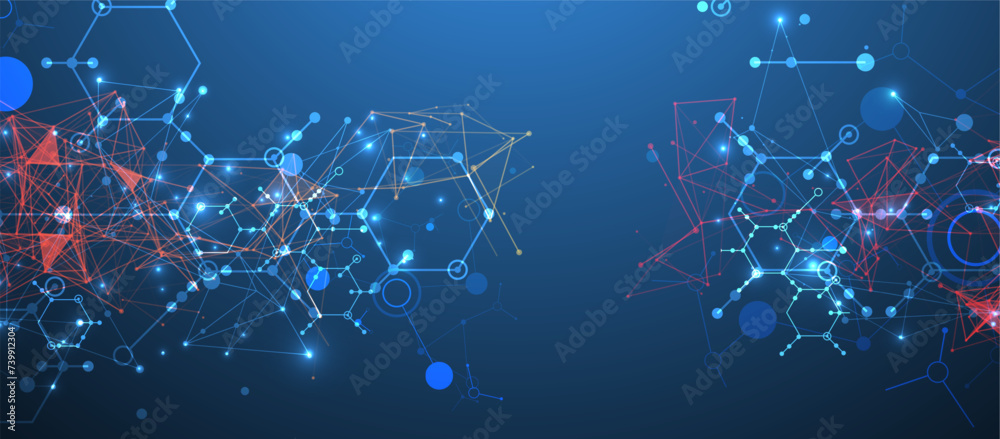 Abstract background on a scientific and technological theme. An image of hexagons on a dark blue background with a color plexus effect. Hand drawn vector. - obrazy, fototapety, plakaty 