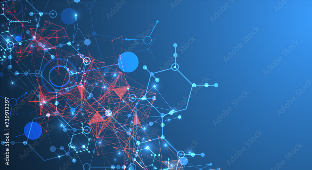 Abstract background on a scientific and technological theme. An image of hexagons on a dark blue background with a color plexus effect. Hand drawn vector.