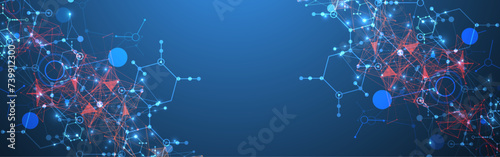 Abstract background on a scientific and technological theme. An image of hexagons on a dark blue background with a color plexus effect. Hand drawn vector.