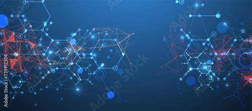 Abstract background on a scientific and technological theme. An image of hexagons on a dark blue background with a color plexus effect. Hand drawn vector. photo