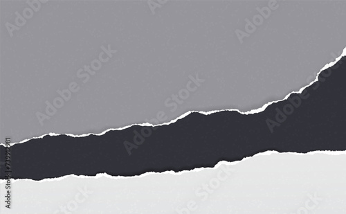 Torn, ripped black and white paper strips with soft shadow are on dark grey background for text.