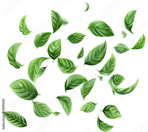 Green Floating Leaves Flying Leaves Green Leaf Dancing isolated on transparent background. Flying whirl green leaves in the air, Healthy products by organic natural ingredients concept