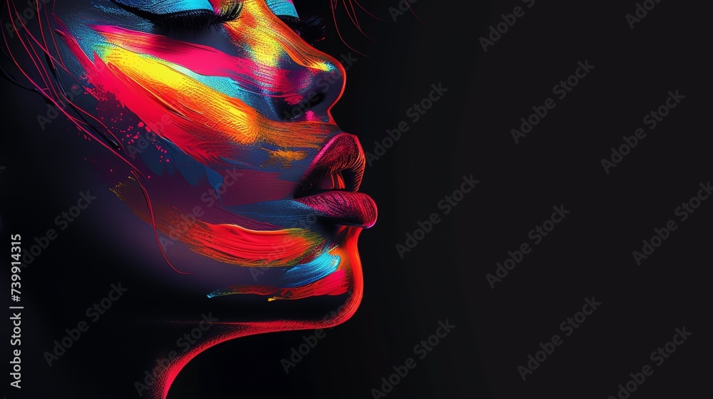 Abstract portrait of a beautiful black woman with neon disco make up. AI generated image. Abstract portrait of a beautiful black woman with neon disco make up. AI generated image.