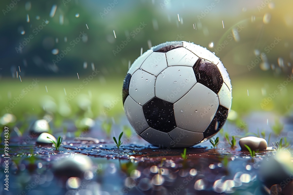 Fototapeta premium A soccer ball sits on the grass. In the rain, blurred background, concept, children's football, sports, football, futsal or soccer.